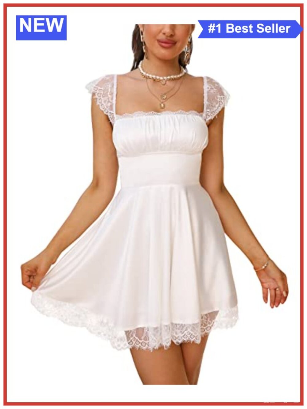 Satin Lace Strap Mini Dress Square Neck Ruffle Hem Backless Party Dress